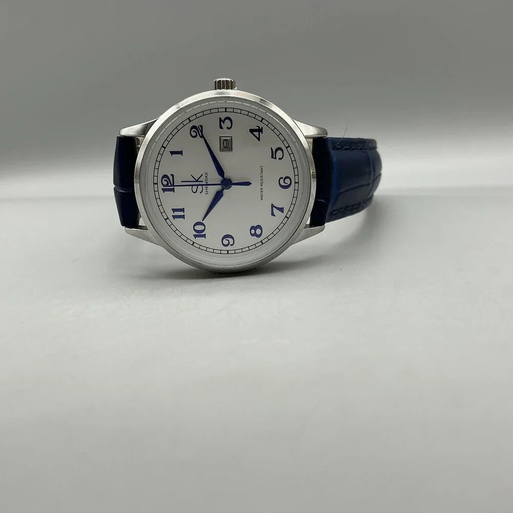 Shengke Womens Watch 32mm Silver Tone Blue Leather Band Date New Battery